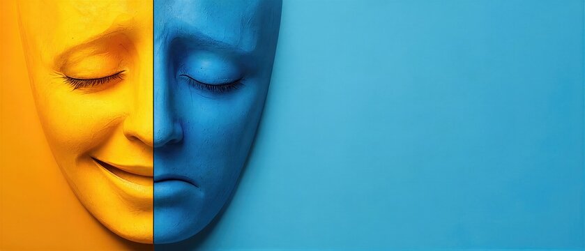 Split face mask divided by yellow and blue representing bipolar affective disorder. Concept of mood swing, mental health struggle and unstable emotion. Banner with copy space