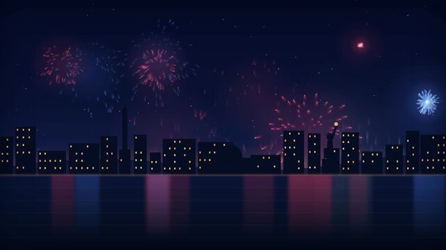 Panoramic motion graphic view of multiple simultaneous fireworks displays across a stylized US landscape