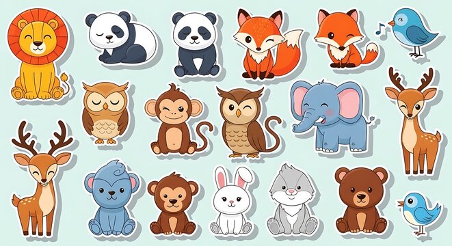 Cute cartoon animals wearing winter clothing and hats.