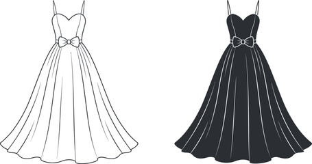 Elegant evening gown line art and silhouette vector illustration set for wedding or prom dress design © Vector Saga