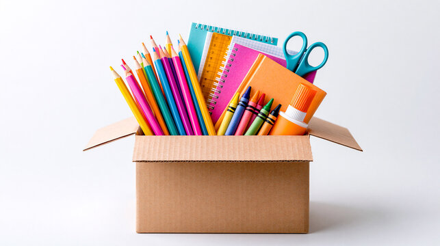 A cardboard box filled with colorful school supplies including pencils, crayons, notebooks, scissors, and glue stick against a white background.