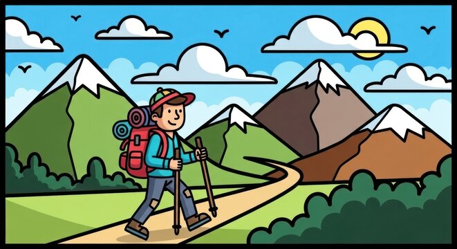 Cartoon Hiker with Backpack and Poles on Mountain Trail.