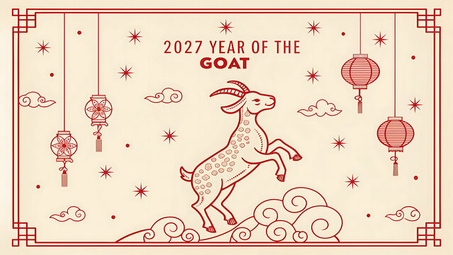 Chinese new year 2027 year of the goat illustration with red lanterns clouds and stars on beige background transparent background