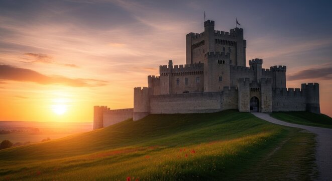 Majestic Castle Bathed in Golden Sunset Light on a Verdant Hill.