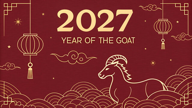 Chinese New Year 2027 celebration with golden goat zodiac symbol and red background transparent background