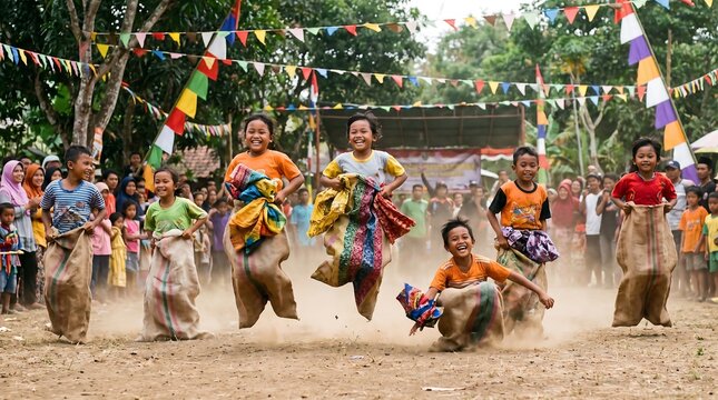 Joyful children celebrate Indonesia Independence Day with a spirited sack race