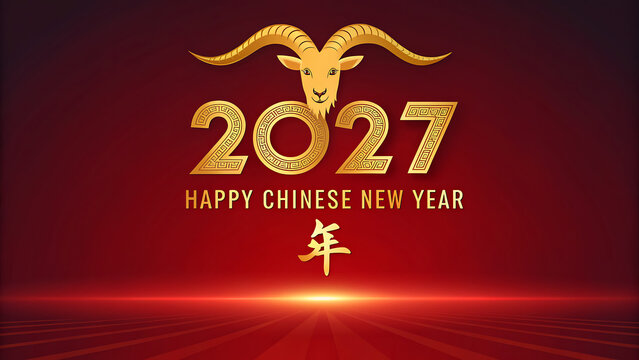 Chinese New Year 2027 celebration with golden goat and red background  Happy New Year greeting card with zodiac symbol transparent background