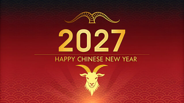 Chinese New Year 2027 celebration with golden goat horn and red gradient background transparent background