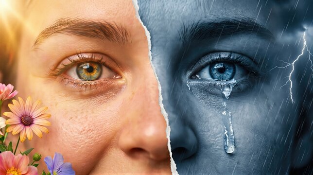 Woman with bipolar disorder showing manic and depressive phases. Split face depicting extreme opposite emotions through sun with flower and storm with rain. Mental health condition concept.