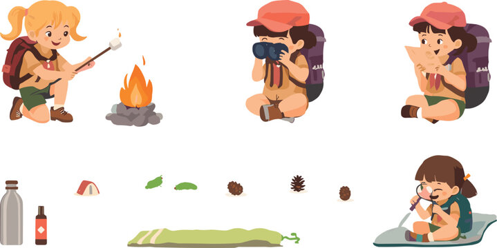 Cute Scout Girls Vector Character Set Featuring Little Girl Scouts Roasting Marshmallow by Campfire Reading Map and Using Binoculars Or Magnifying Glass