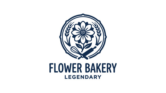 Flower bakery logo with circular wheat and baking tools.