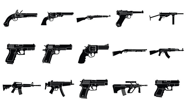 Collection of diverse black firearm silhouettes displaying various historical handguns rifles and modern tactical weapons
