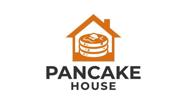 Pancake house logo with stack of pancakes inside a house.