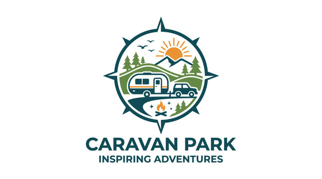 Caravan park logo with camper mountains and compass.