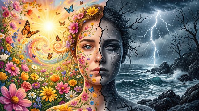Woman face split between vibrant spring landscape and dark stormy sea. Concept of bipolar affective disorder showing mental health duality. Psychological contrast of mania and depression.