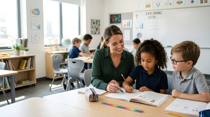 Fototapeta premium A kind teacher helps two young students with their studies in a bright, modern classroom. The students are engaged and learning.