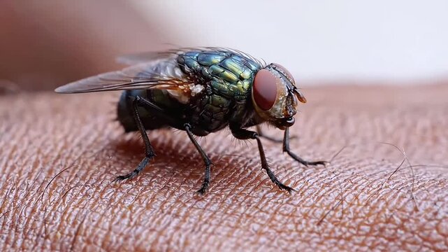 Extreme Macro Close Up of a Green Bottle Fly Resting on Human Skin with Stunning Detail