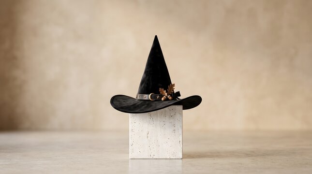Elegant black witch hat with buckle and autumn leaf decoration perched on a minimalist stone cube.