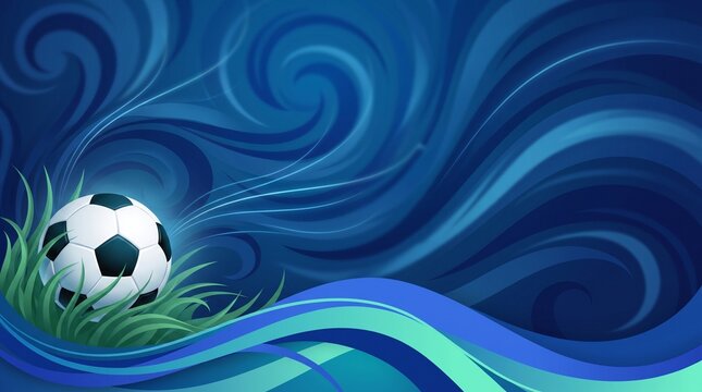 Blue swirling magical futsal background with soccer ball on grass