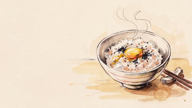 A national dish of Japanese cuisine. 
Tamago kake gohan is a Japanese breakfast. Freshly cooked rice, a raw chicken egg is broken into the center and drizzled with soy sauce. Photo with space for text