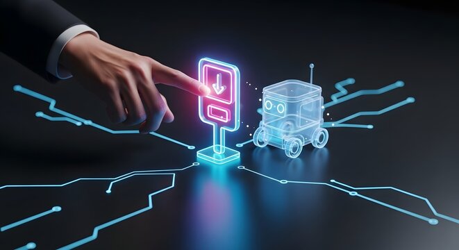 Futuristic neon interface showing a hand activating a robotic delivery vehicle through digital circuit connections
