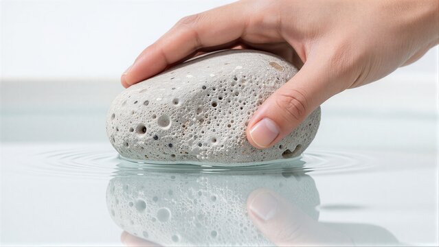 Hand gently places porous stone into calm water, creating subtle ripples.