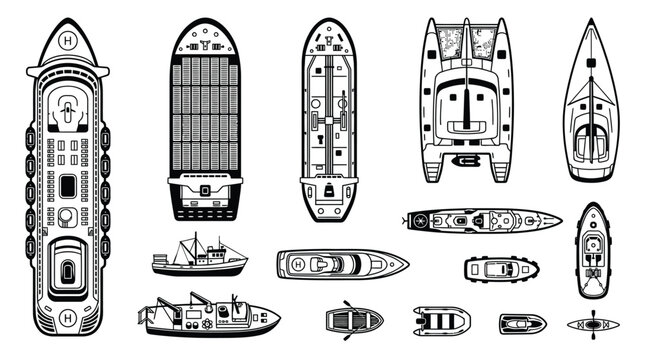 Detailed black and white top view vector icons of various nautical ships and small boats