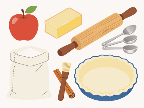 Baking ingredients and utensils set for apple pie preparation with ingredients