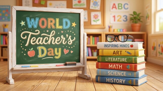 Books and Chalkboard with World Teachers Day Text and Glasses in Cozy Classroom Interior Concept