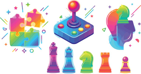 Colorful Gaming and Strategy Icon Set with Retro Joystick Puzzle Pieces and Chess Figures for Web Apps Esport Branding and Entertainment Designs © MstJasmin