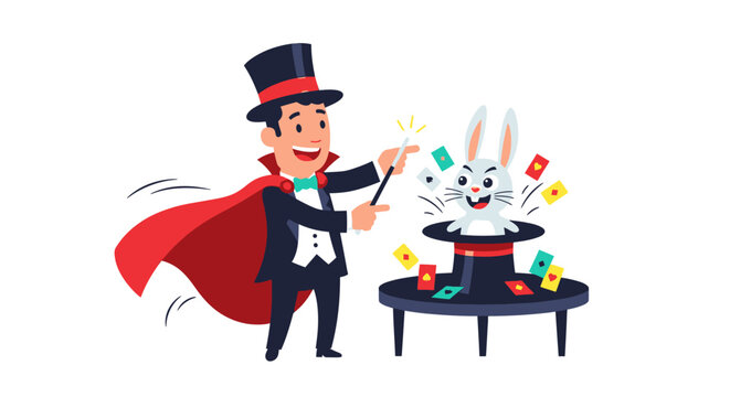 Magician Pulling Rabbit from Hat with Magic Wand and Cards