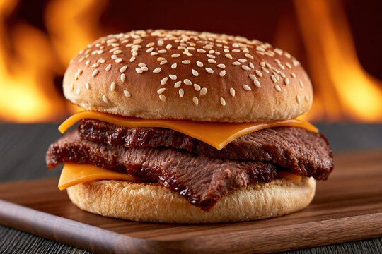 BBQ Texas brisket sandwich on fire background