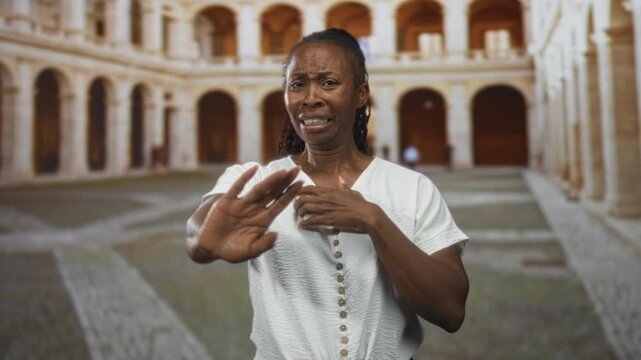 African american woman grimacing and clasping hands at chest in building courtyard with stone arches and white button shirt visible; fear vulnerability.