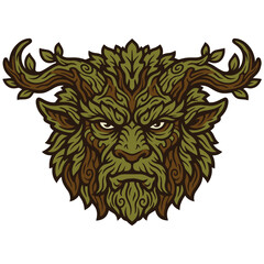 Fototapeta premium Mythical green forest guardian head illustration with leaf beard and wooden branch antlers for nature spirit fantasy art concept design
