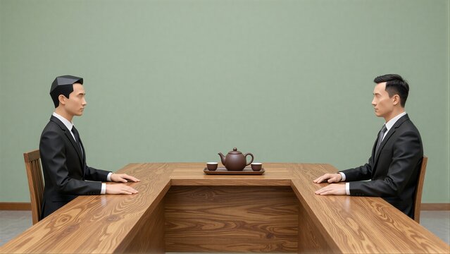 Two men in suits sit opposite each other at a wooden table with tea set.