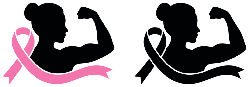 Breast cancer survivor strong woman flexing silhouette icon set.