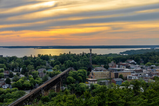 Beautiful sunset view over Parry Sound, Ontario, with Georgian Bay in the background, captured from a lookout tower.