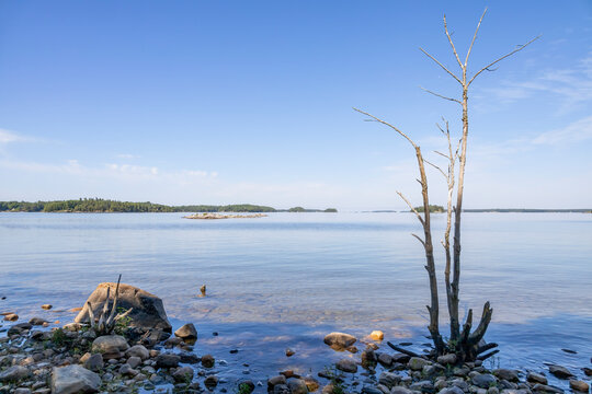 Serene view of Georgian Bay from Lighthouse Trail in Killbear Provincial Park, Ontario featuring calm waters and rocky shoreline.
