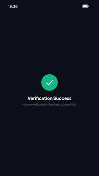 Security verification success checkmark screen after filling alphanumeric text captcha on dark theme mobile application user interface layout