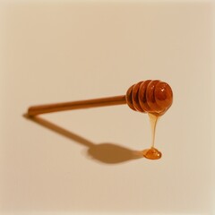 Fototapeta premium Wooden honey dipper close-up with dripping amber honey on soft cream background
