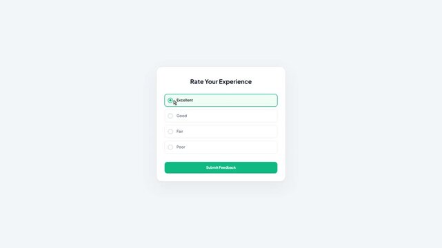 Customer Feedback Survey Form UI Animation with User Selecting Excellent Rating Option and Success Message Screen for Web Product Satisfaction Evaluation