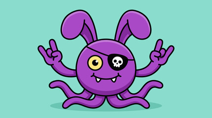 Purple octopus pirate with eye patch making rock signs. © Bakori