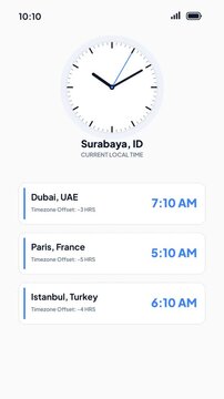 World Clock Mobile Application UI Design Displaying Local Time and Multi City Timezone Offset for Dubai Paris and Istanbul