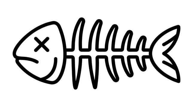 Simple black outline of fish skeleton on white.