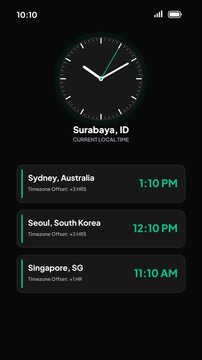 Dark Mode World Clock Mobile UI App Screen Featuring Sydney Seoul and Singapore Timezones Offset