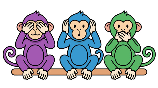 Three wise monkeys see hear speak no evil cartoon.