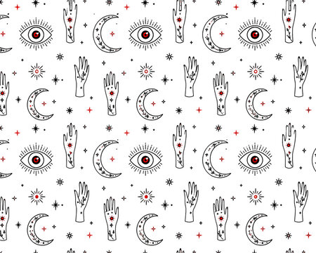 Seamless Boho Evil Eye Pattern with Crescent Moon and Mystical Hand-Drawn Vector Illustration