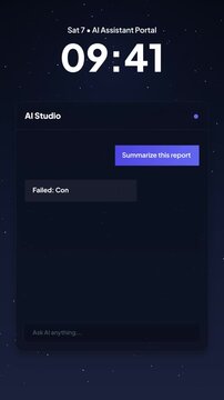 AI assistant connection error. Mobile chatbot interface. Artificial intelligence failure screen. Smartphone AI chat UI. Network connection alert. Dark mobile interface. Modern technology animation.