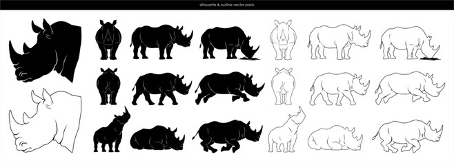 rhino silhouette and outline vector icon pack collection © salmamuth