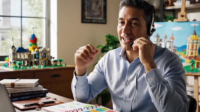 Professional man working remotely with headset and laptop